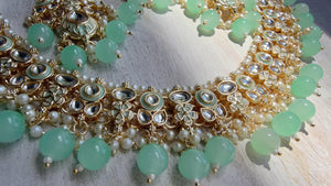 Mint Pearl Meenakari Kundan Necklace Set with Long Jhumka & Tikka | Bridal Kundan Choker | Indian Wedding Jewelry