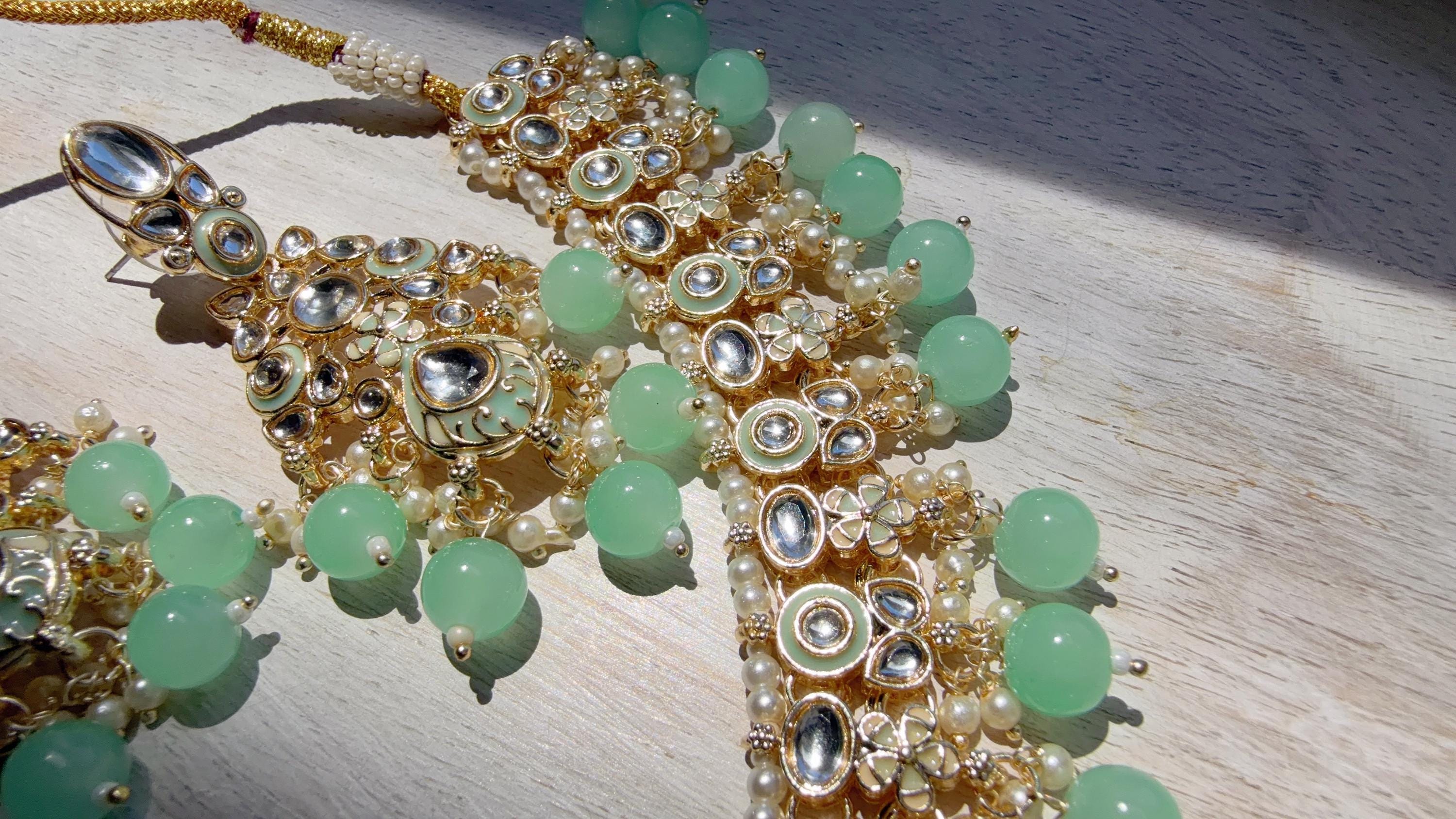 Mint Pearl Meenakari Kundan Necklace Set with Long Jhumka & Tikka | Bridal Kundan Choker | Indian Wedding Jewelry