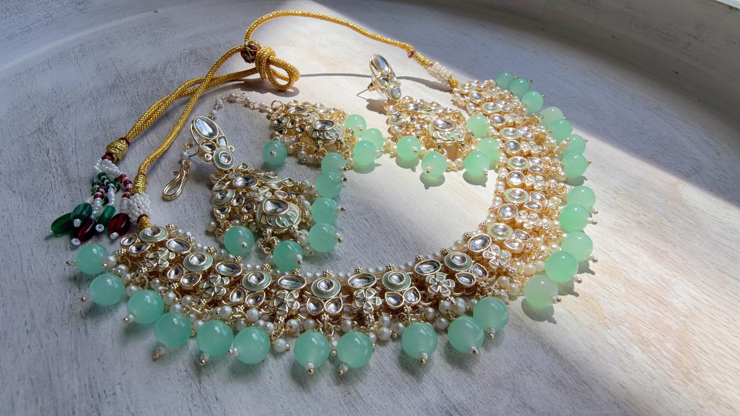 Mint Pearl Meenakari Kundan Necklace Set with Long Jhumka & Tikka | Bridal Kundan Choker | Indian Wedding Jewelry
