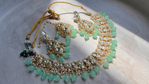 Mint Pearl Meenakari Kundan Necklace Set with Long Jhumka & Tikka | Bridal Kundan Choker | Indian Wedding Jewelry