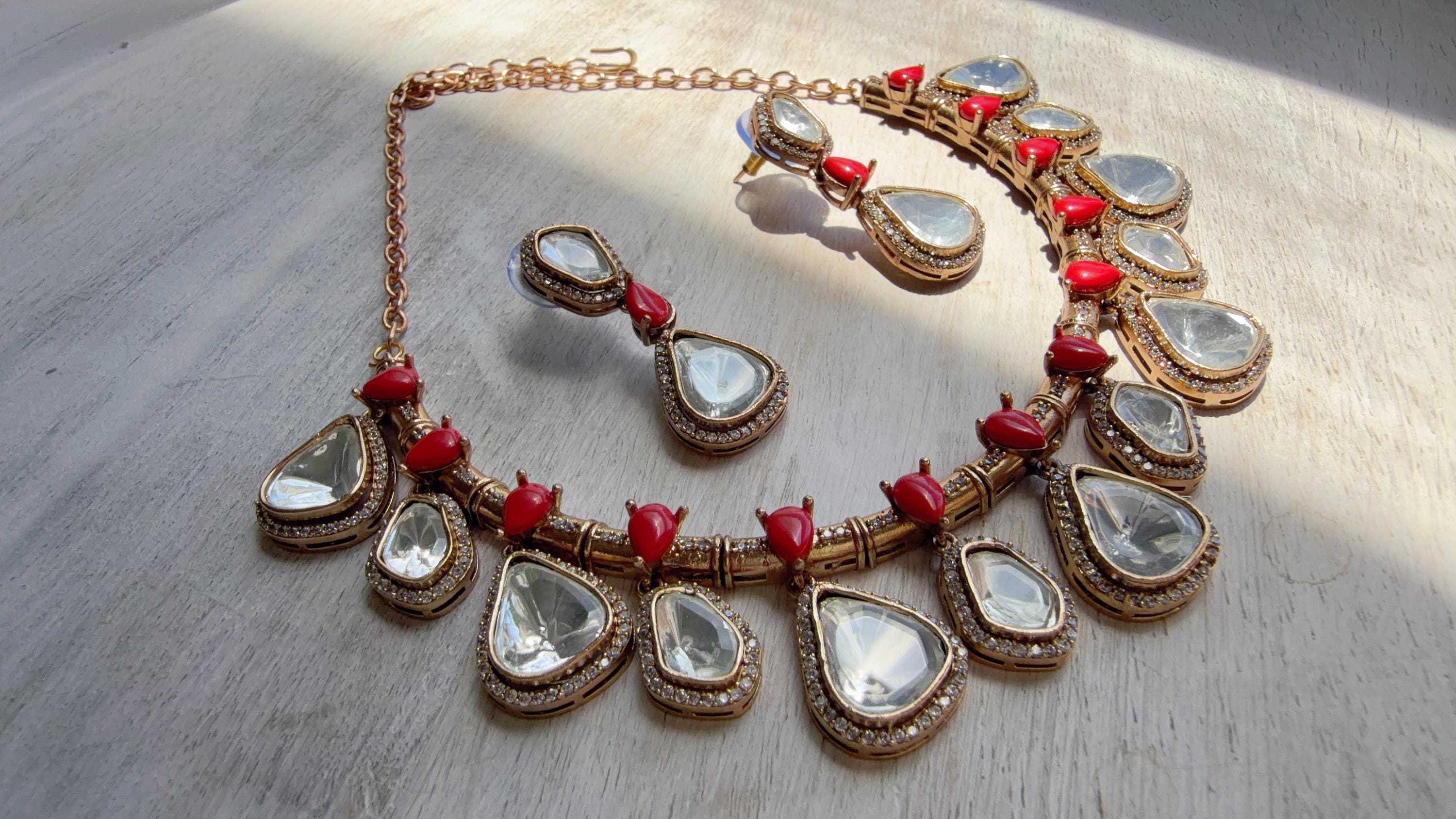 Diamond Coral Hasli Necklace Set | Indian Bridal Hasli | Statement Wedding Jewelry