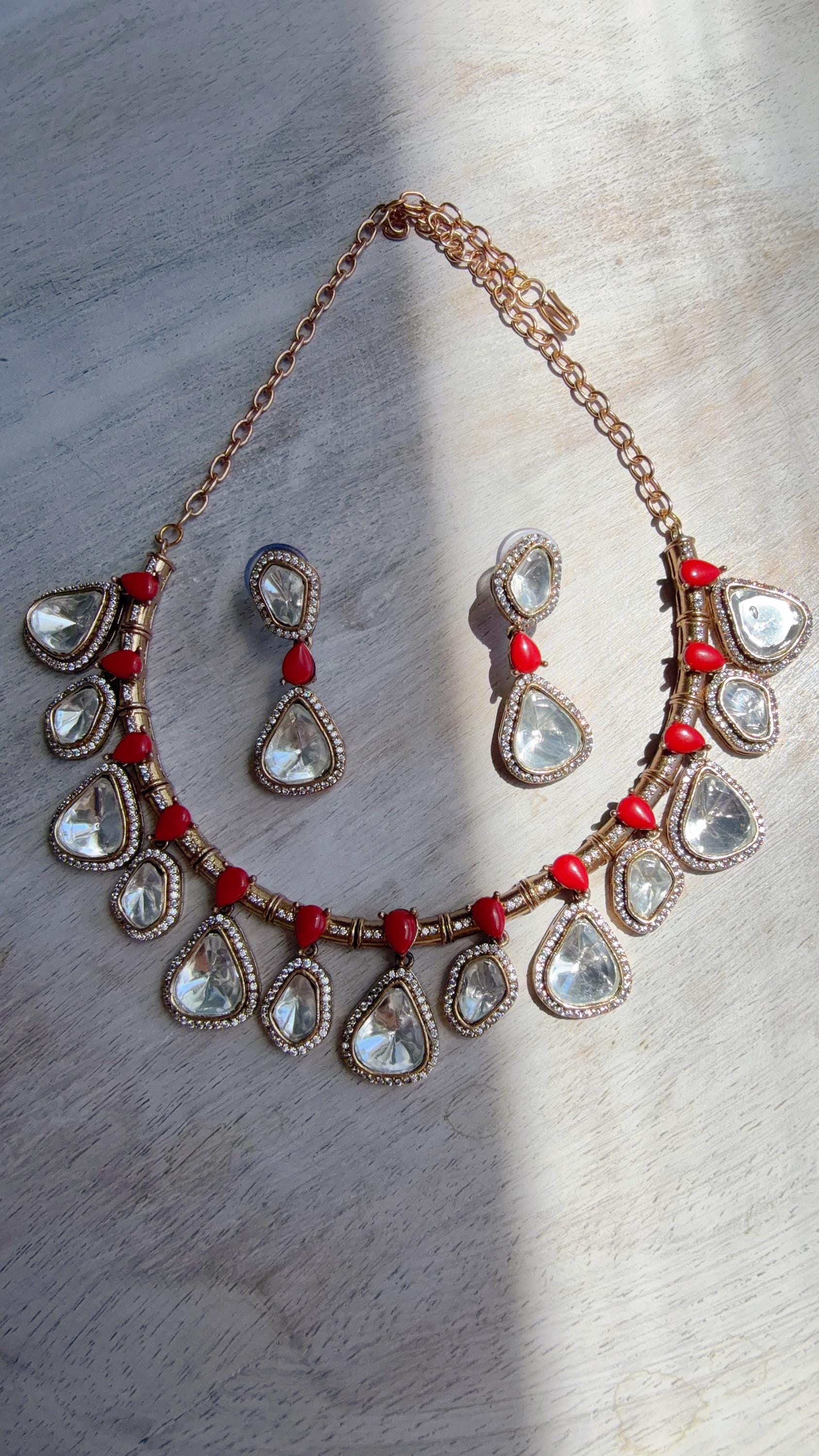 Diamond Coral Hasli Necklace Set | Indian Bridal Hasli | Statement Wedding Jewelry