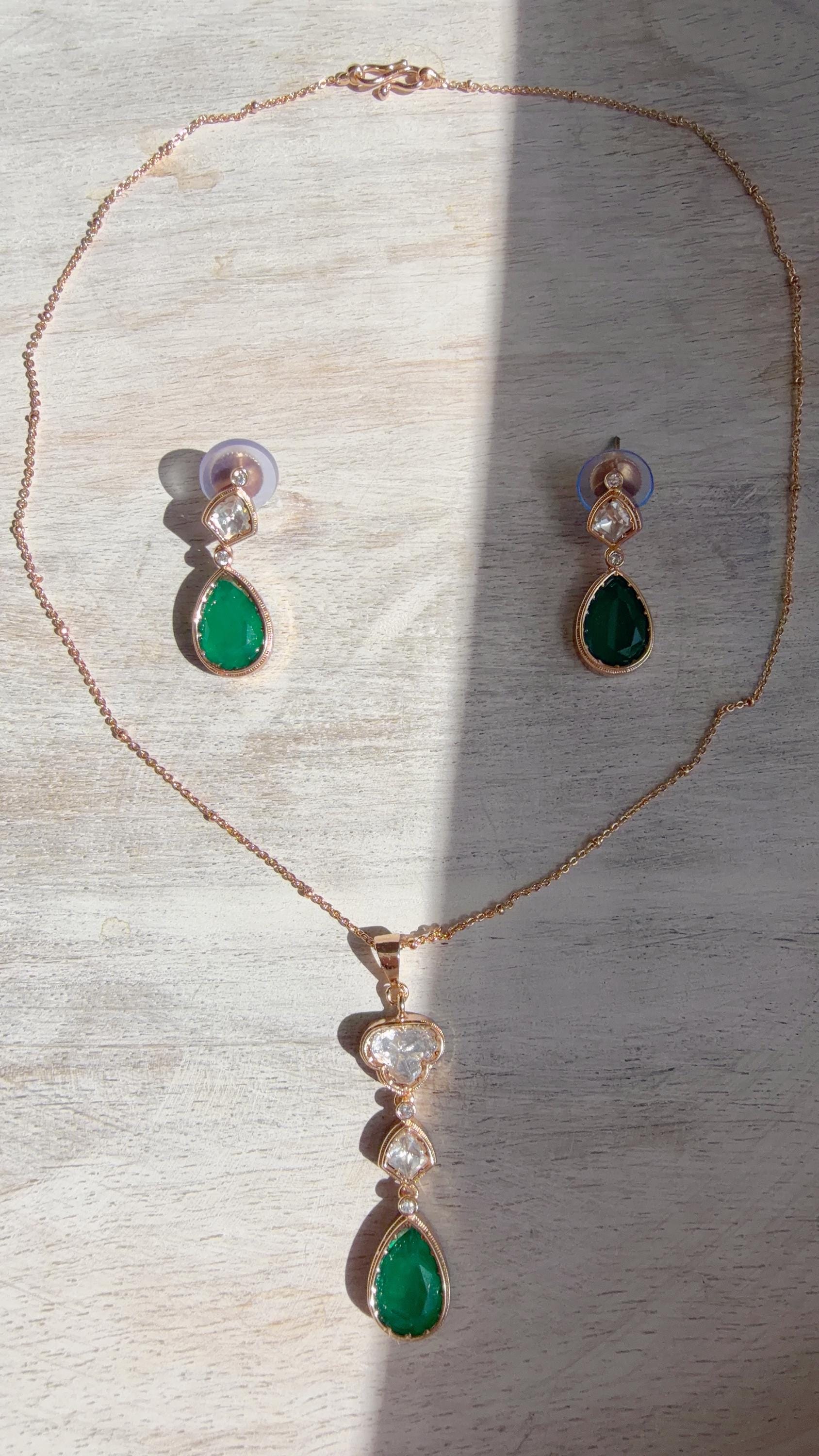 Green Drop Pendant Necklace Set with Earrings | Gold Finish CZ Jewelry | Minimal Indian Necklace | Elegant Party Wear Jewelry