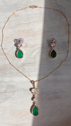 Green Drop Pendant Necklace Set with Earrings | Gold Finish CZ Jewelry | Minimal Indian Necklace | Elegant Party Wear Jewelry