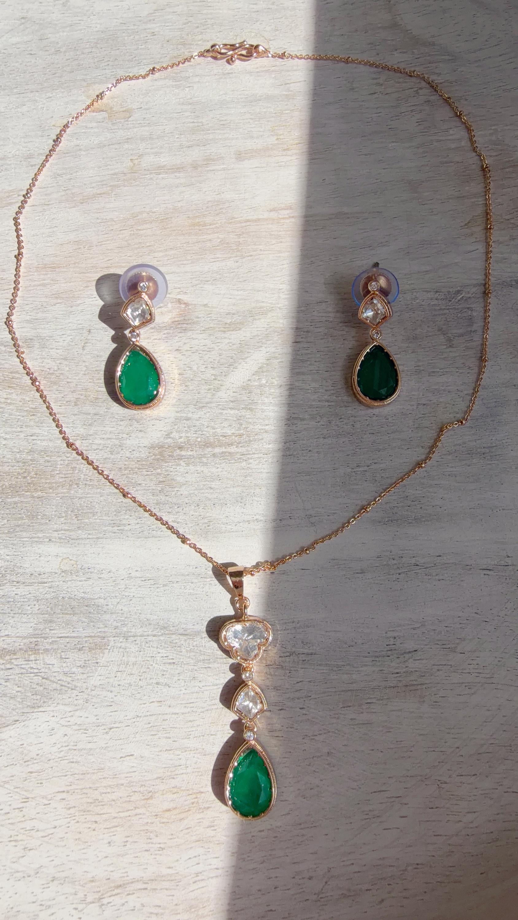 Green Drop Pendant Necklace Set with Earrings | Gold Finish CZ Jewelry | Minimal Indian Necklace | Elegant Party Wear Jewelry