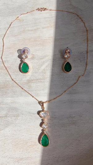 Green Drop Pendant Necklace Set with Earrings | Gold Finish CZ Jewelry | Minimal Indian Necklace | Elegant Party Wear Jewelry