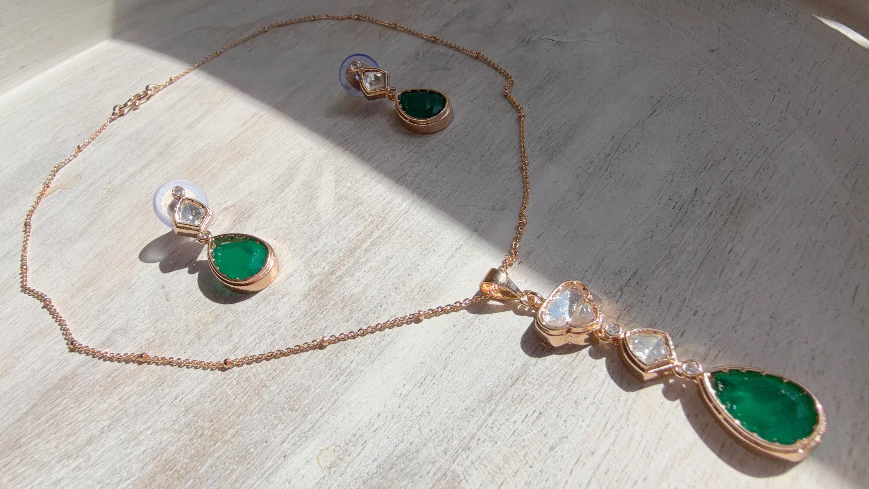 Green Drop Pendant Necklace Set with Earrings | Gold Finish CZ Jewelry | Minimal Indian Necklace | Elegant Party Wear Jewelry