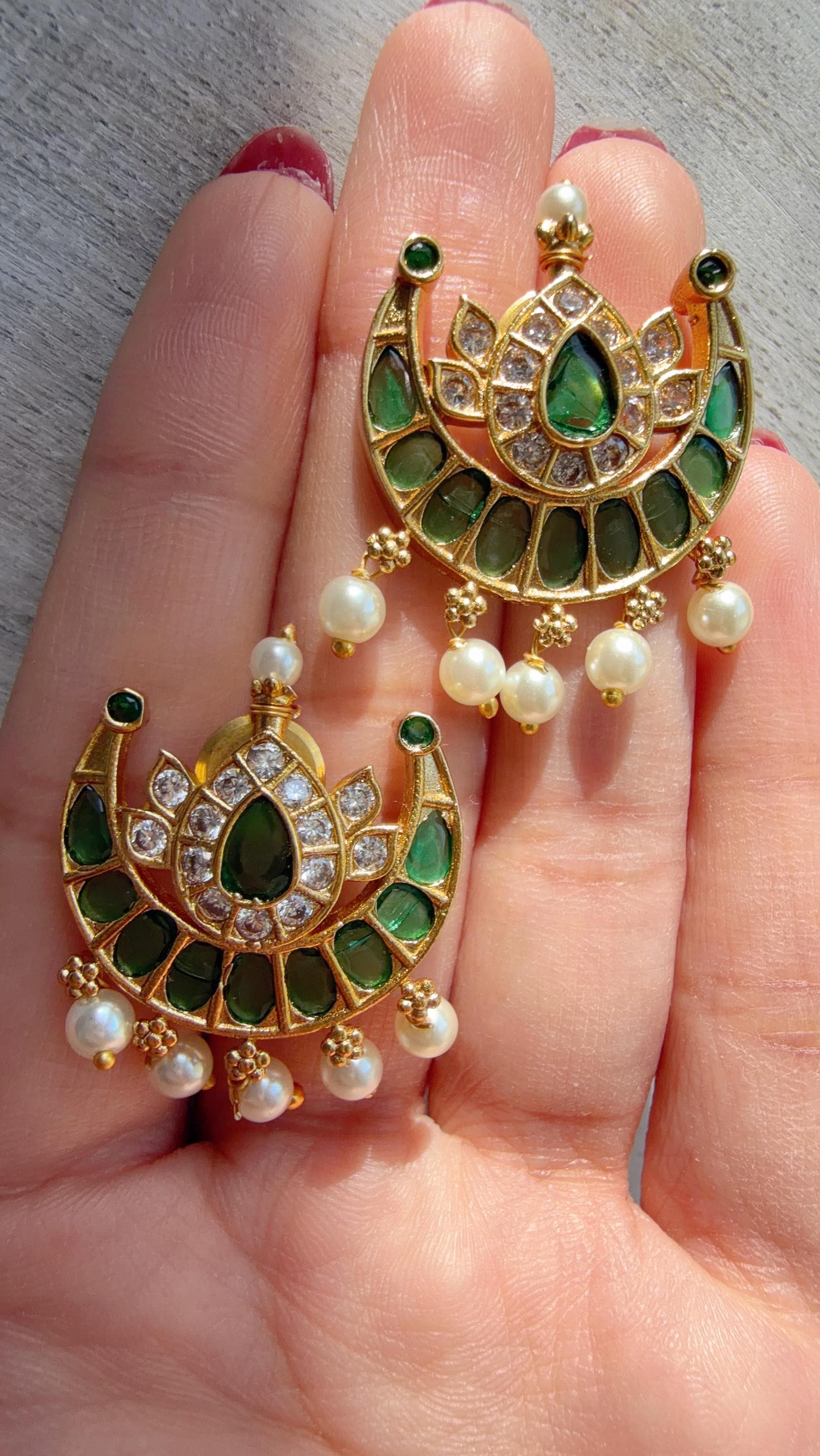 Green Kundan Pearl Drop Earrings | Gold Finish Chandbali Earrings | Indian Bridal Jewelry | Wedding Statement Earrings