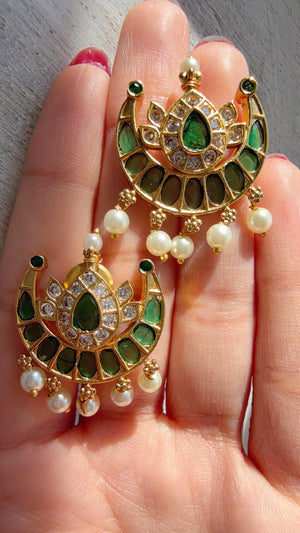 Green Kundan Pearl Drop Earrings | Gold Finish Chandbali Earrings | Indian Bridal Jewelry | Wedding Statement Earrings