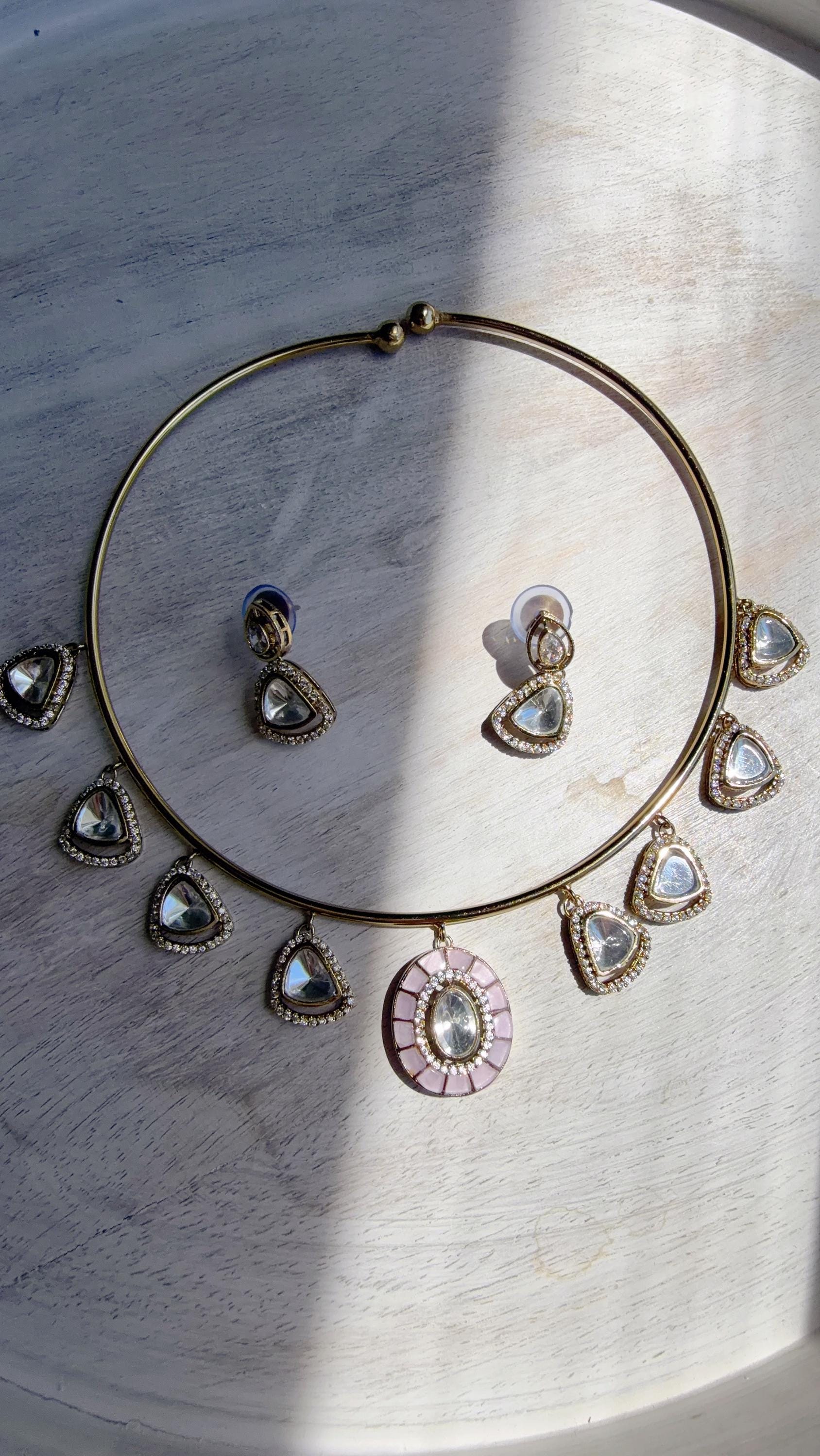 Baby Pink Coral Polki Kundan Necklace Set with Drop Earrings | Gold Finish Bridal Jewelry | Indian Wedding Necklace Set - Sally