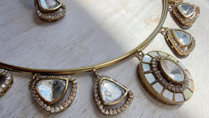 Mother of Pearl Coral Polki Kundan Necklace Set with Drop Earrings | Gold Finish Bridal Jewelry | Indian Wedding Necklace Set - Sally