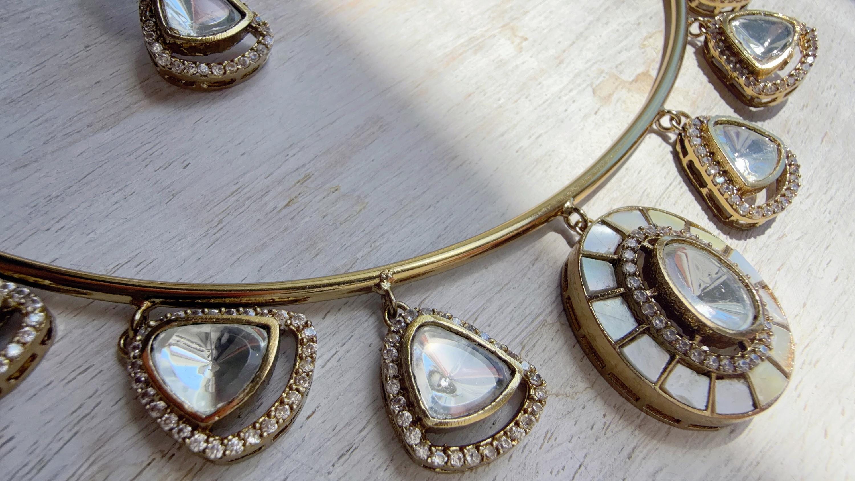 Mother of Pearl Coral Polki Kundan Necklace Set with Drop Earrings | Gold Finish Bridal Jewelry | Indian Wedding Necklace Set - Sally