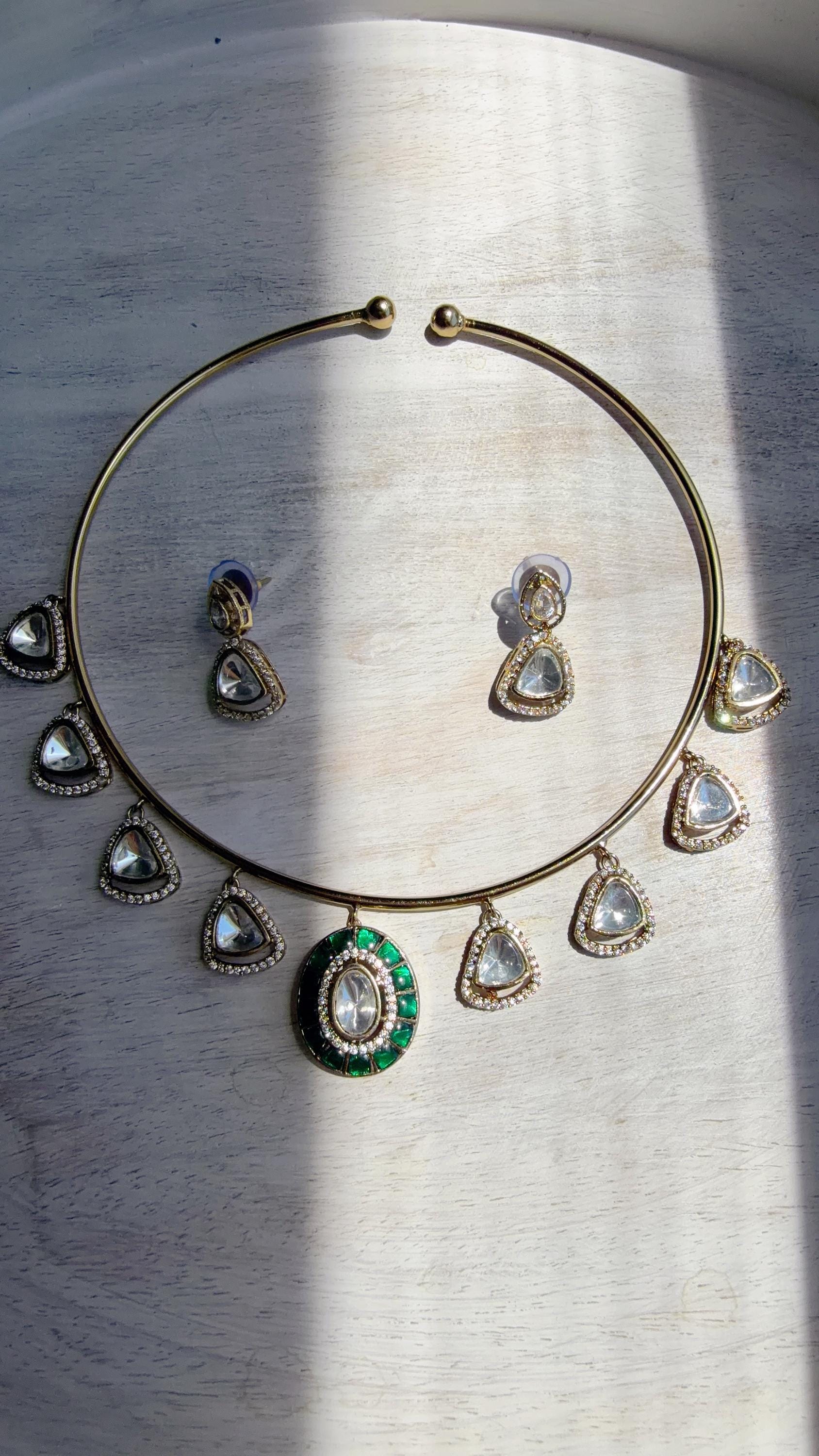Emerald Green Coral Polki Kundan Necklace Set with Drop Earrings | Gold Finish Bridal Jewelry | Indian Wedding Necklace Set - Sally