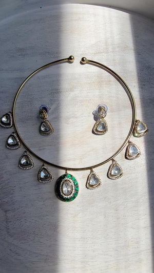 Emerald Green Coral Polki Kundan Necklace Set with Drop Earrings | Gold Finish Bridal Jewelry | Indian Wedding Necklace Set - Sally