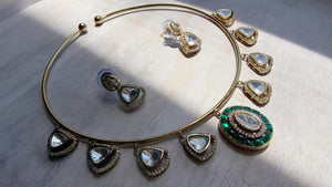 Emerald Green Coral Polki Kundan Necklace Set with Drop Earrings | Gold Finish Bridal Jewelry | Indian Wedding Necklace Set - Sally