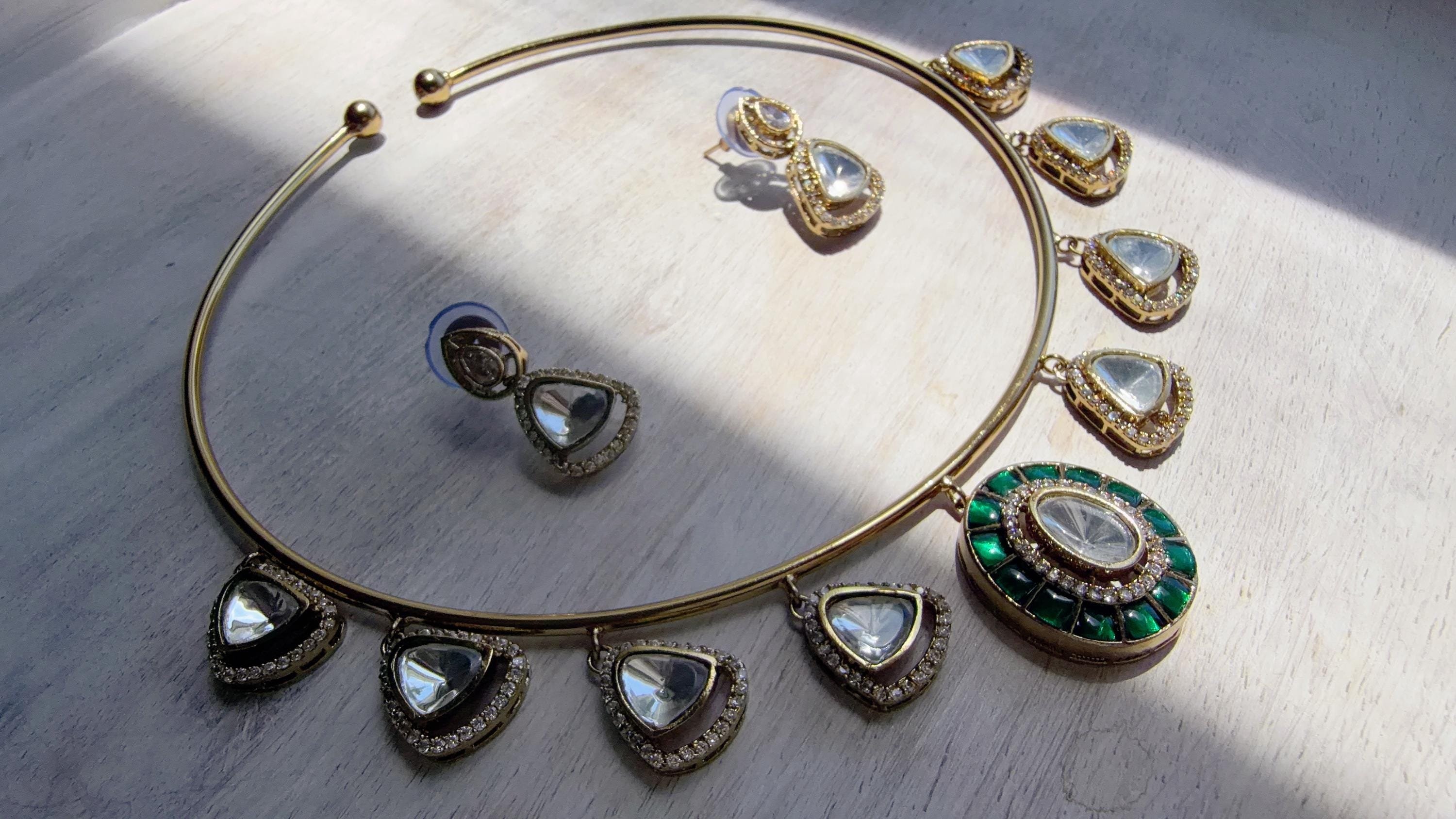 Emerald Green Coral Polki Kundan Necklace Set with Drop Earrings | Gold Finish Bridal Jewelry | Indian Wedding Necklace Set - Sally