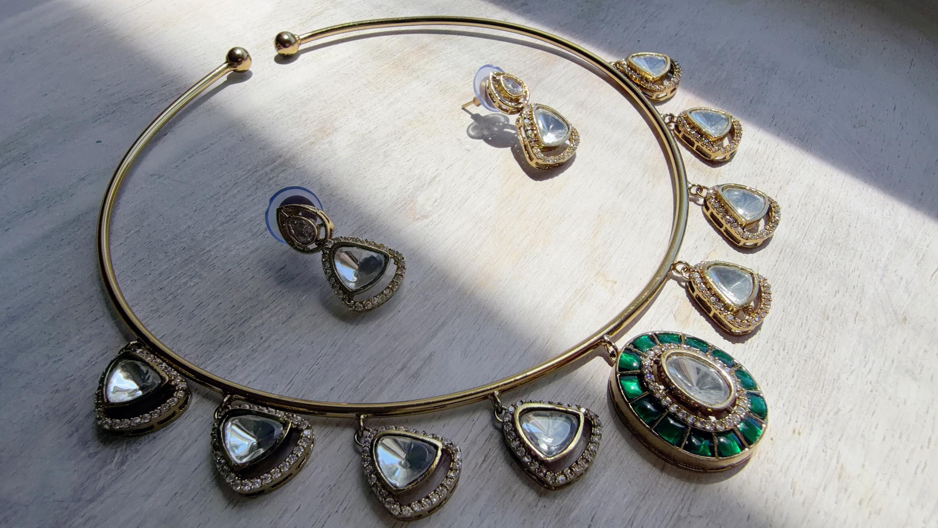 Emerald Green Coral Polki Kundan Necklace Set with Drop Earrings | Gold Finish Bridal Jewelry | Indian Wedding Necklace Set - Sally