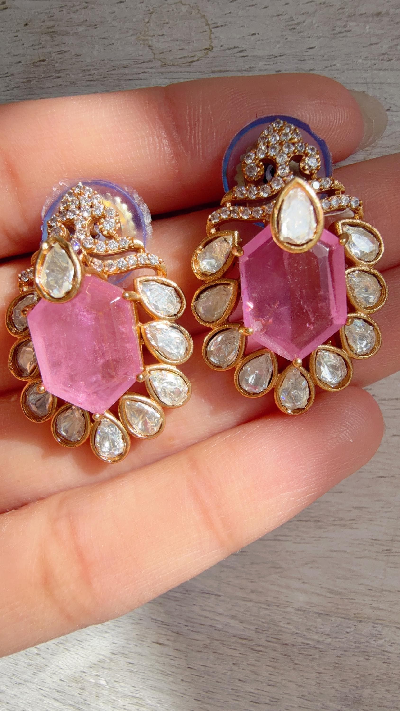 Baby Pink Moissanite Stone Earrings/Diamond Kundan Studs /Indian Jewelry /Statement Earring - Ankita