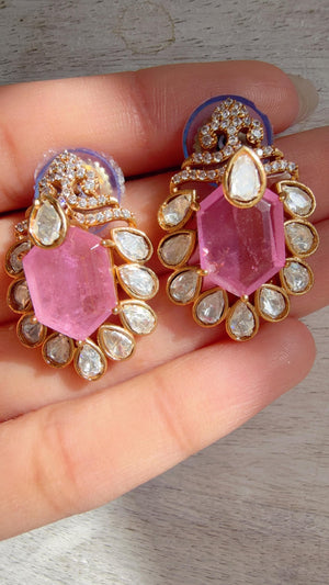 Baby Pink Moissanite Stone Earrings/Diamond Kundan Studs /Indian Jewelry /Statement Earring - Ankita