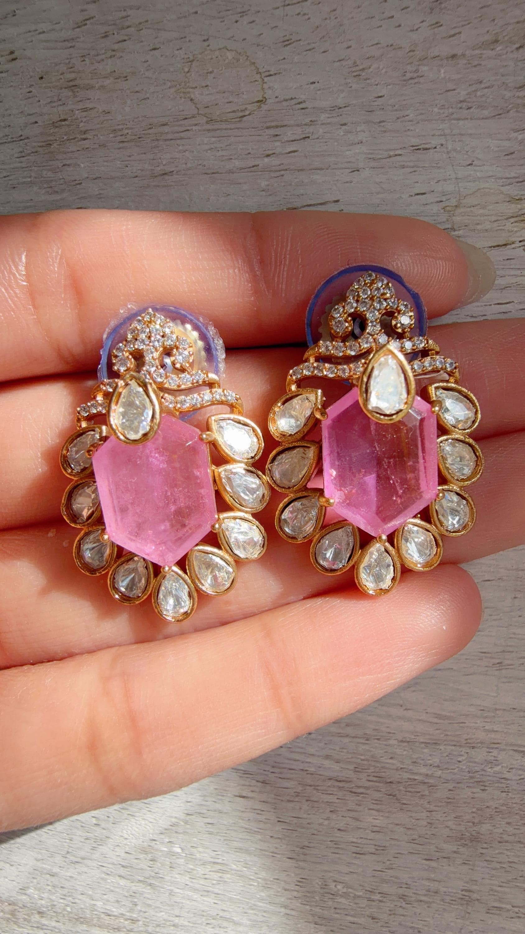 Baby Pink Moissanite Stone Earrings/Diamond Kundan Studs /Indian Jewelry /Statement Earring - Ankita