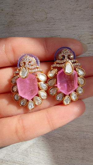 Baby Pink Moissanite Stone Earrings/Diamond Kundan Studs /Indian Jewelry /Statement Earring - Ankita