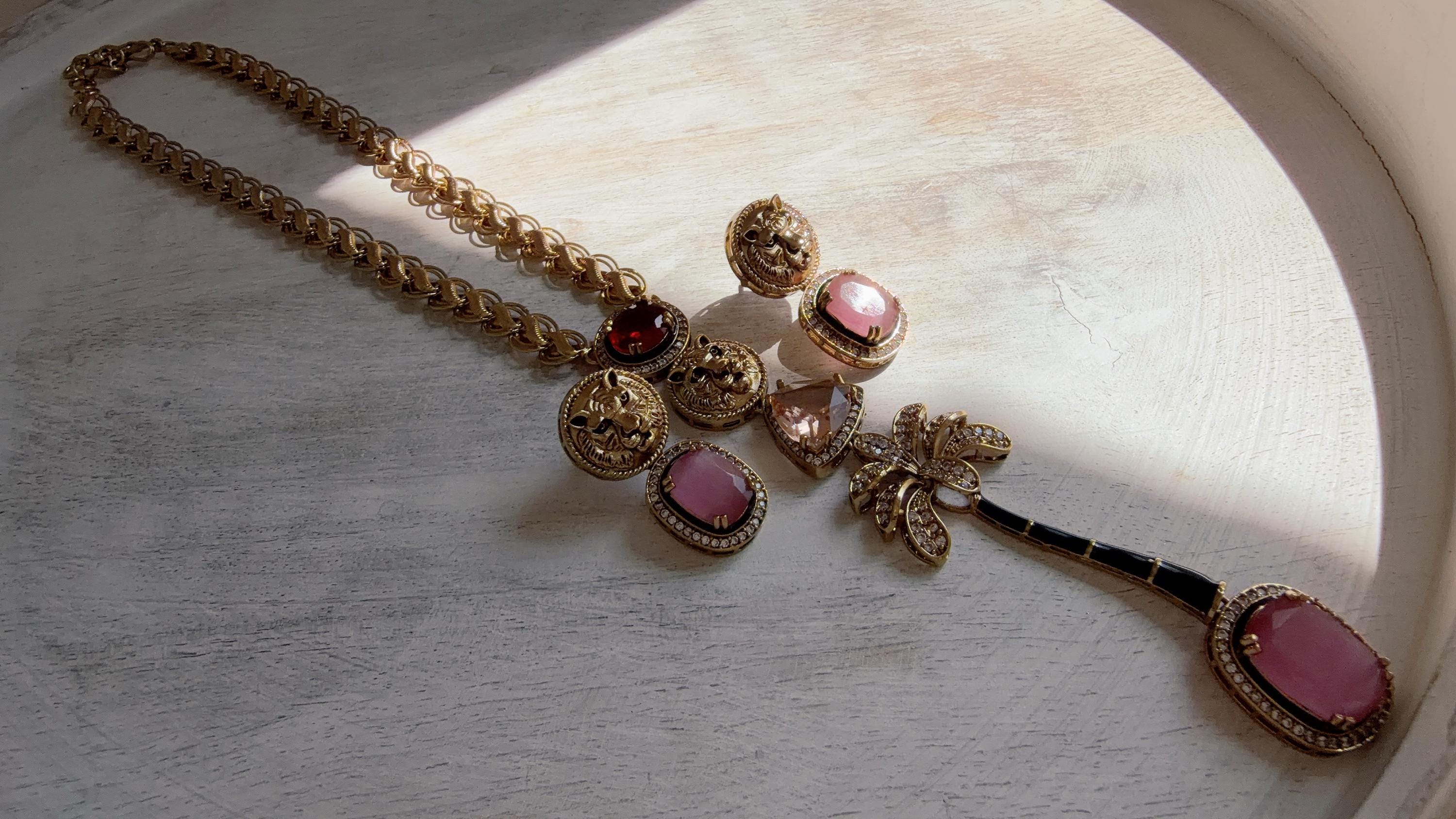 Sabyasachi-Inspired Ruby Pink Long Chain Necklace Set | Kundan Stone Bridal Jewelry | Indian Wedding Necklace – Naina