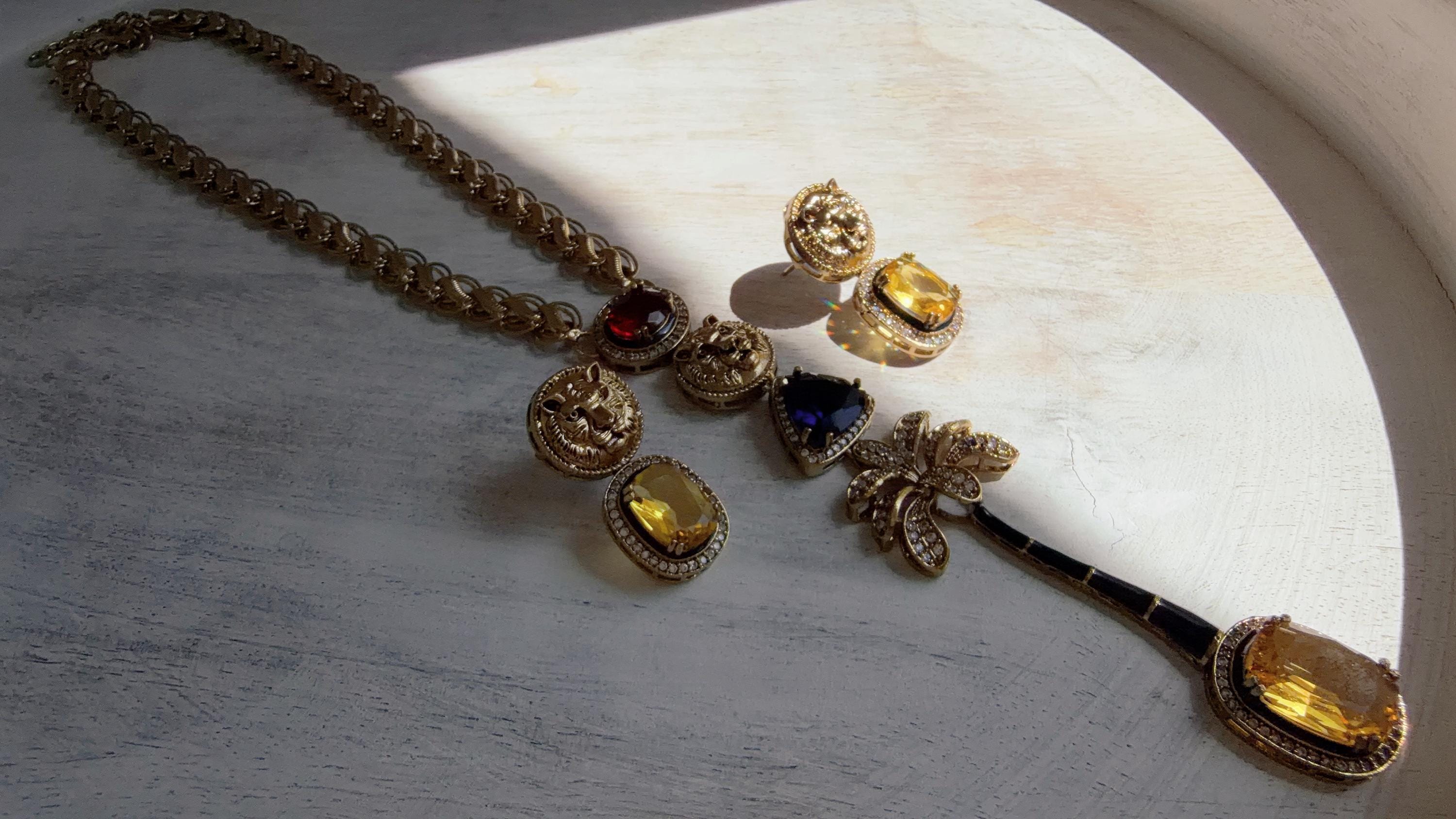 Sabyasachi-Inspired Blue Yellow Long Chain Necklace Set | Kundan Stone Bridal Jewelry | Indian Wedding Necklace – Naina
