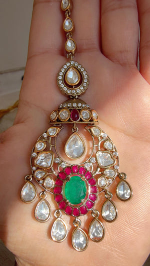 Ruby Green Kundan Choker Necklace Set | Statement Choker with jhumka Maang tikka | Indian Bridal Jewelry/Moissanite diamond necklace