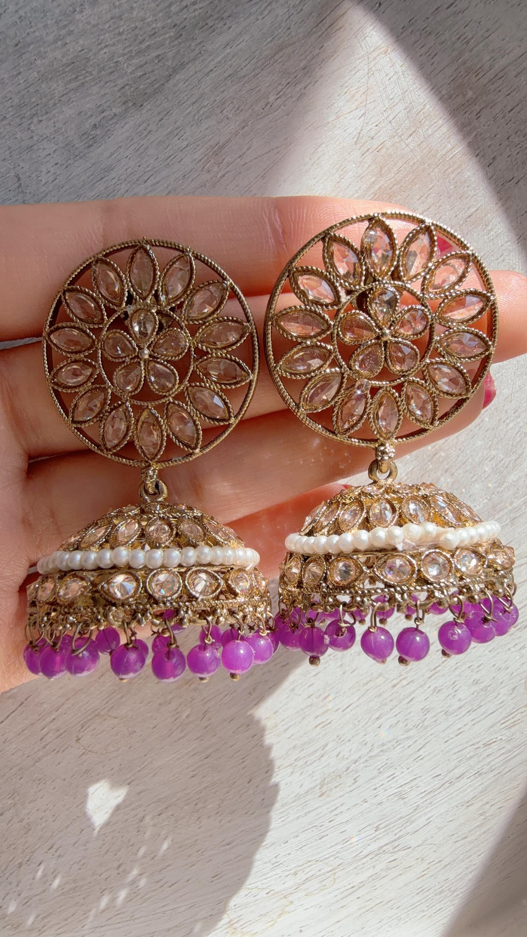 Purple Kundan Jhumka Earrings with Pearl & Bead Drops | Antique Gold Finish Indian Bridal Earrings