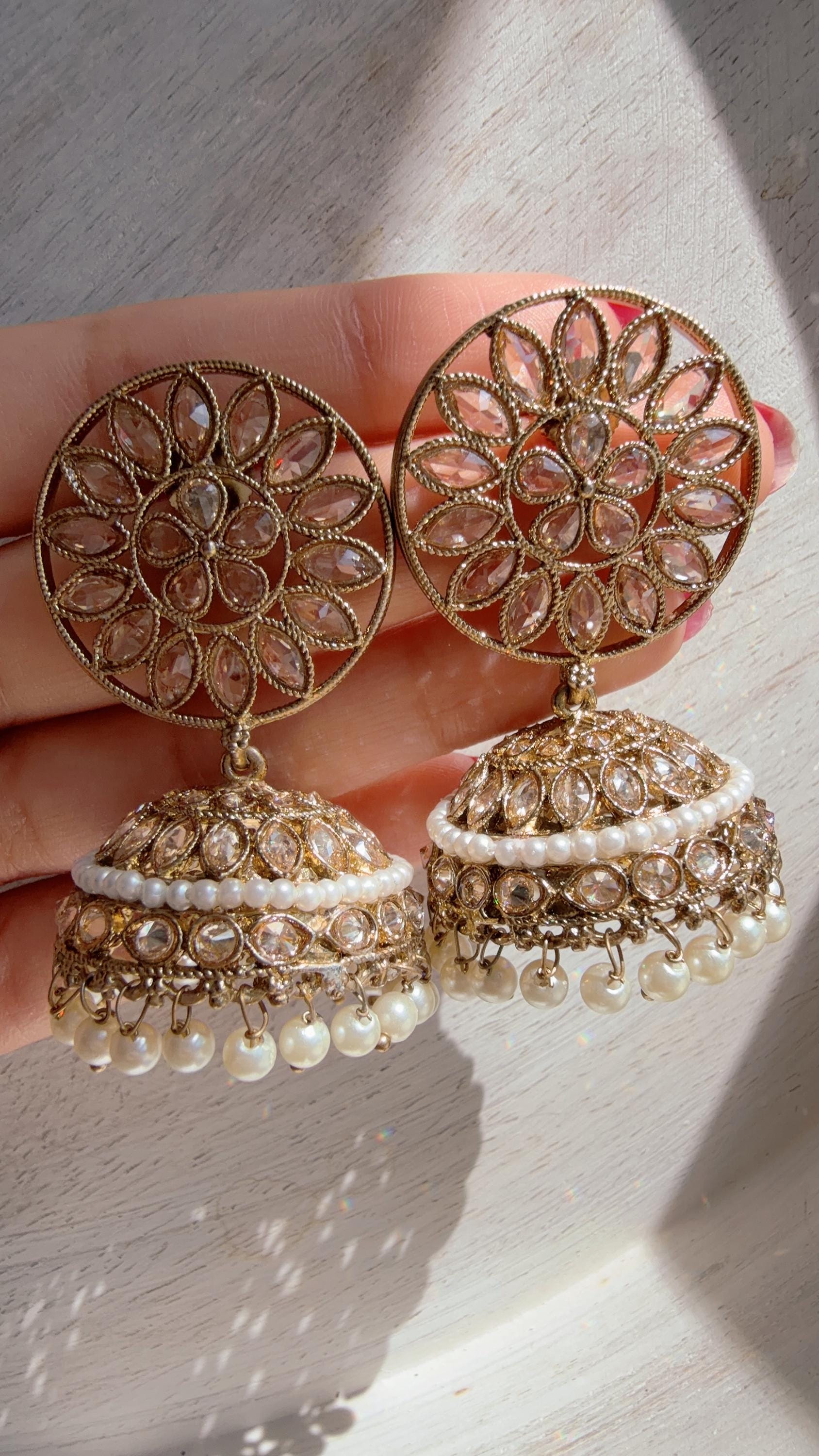 Gold Kundan Jhumka Earrings with Pearl & Bead Drops | Antique Gold Finish Indian Bridal Earrings
