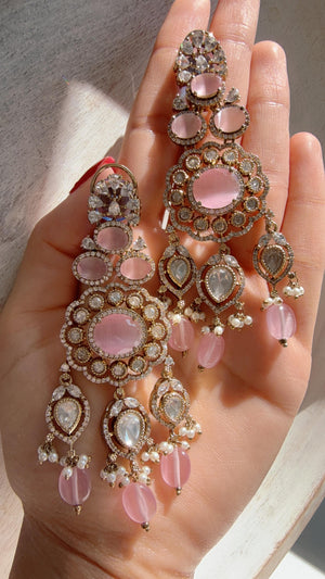 Moissanite kundan chandbali Earrings / American Diamond Baby pink Earrings/ Statement Danglers//Bridal Chandelier Earrings/