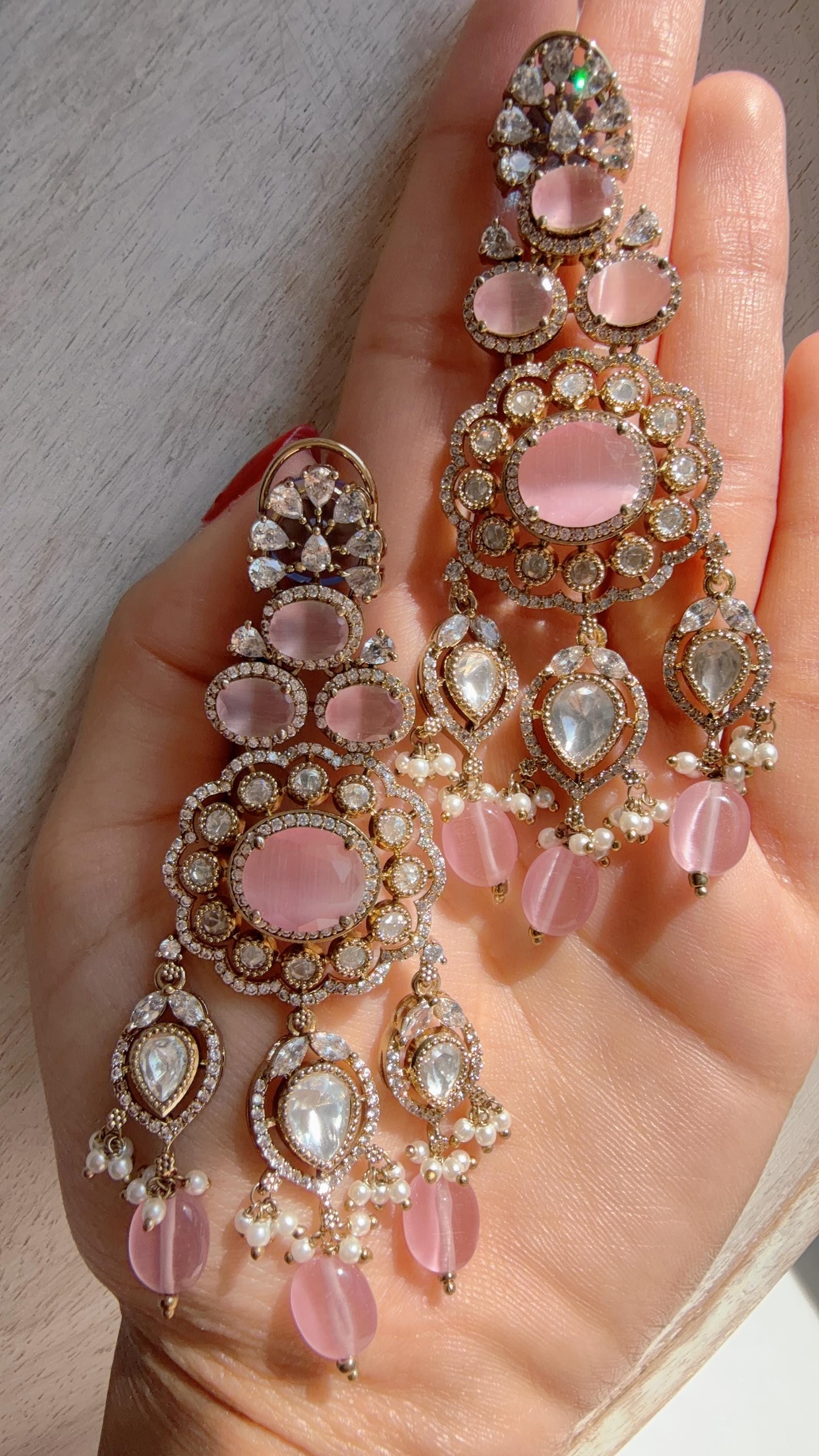Moissanite kundan chandbali Earrings / American Diamond Baby pink Earrings/ Statement Danglers//Bridal Chandelier Earrings/