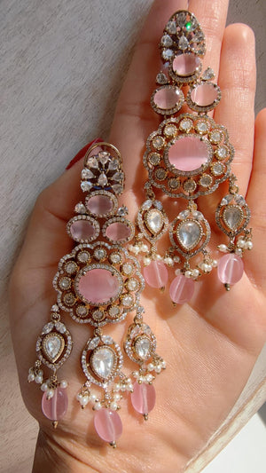 Moissanite kundan chandbali Earrings / American Diamond Baby pink Earrings/ Statement Danglers//Bridal Chandelier Earrings/