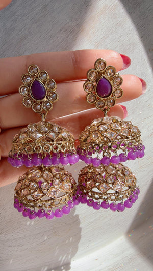 double layer purple Kundan Jhumka Earrings with Pearl & Bead Drops | Antique Gold Finish Indian Bridal Earrings