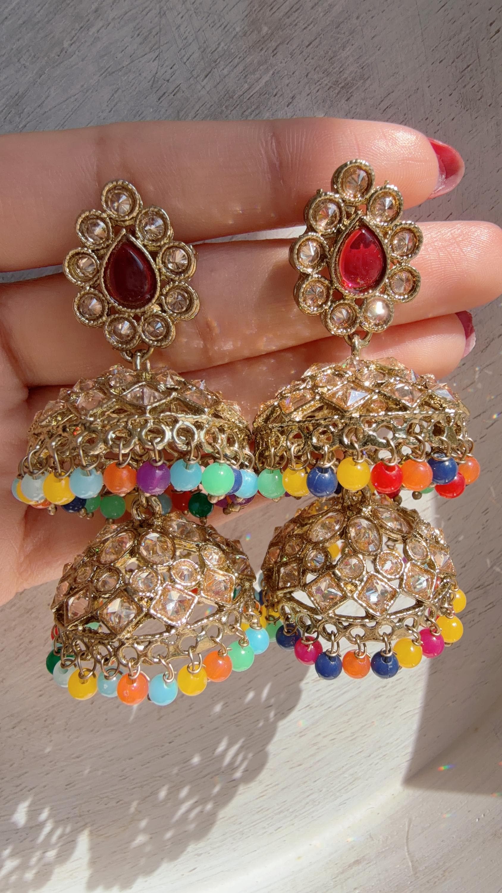 double layer Multi Kundan Jhumka Earrings with Pearl & Bead Drops | Antique Gold Finish Indian Bridal Earrings