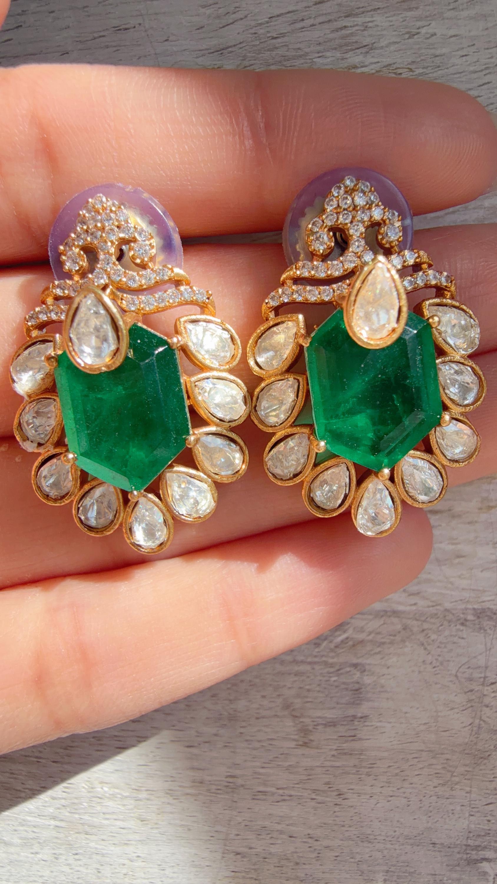 Green Moissanite Stone Earrings/Diamond Kundan Studs /Indian Jewelry /Statement Earring - Ankita