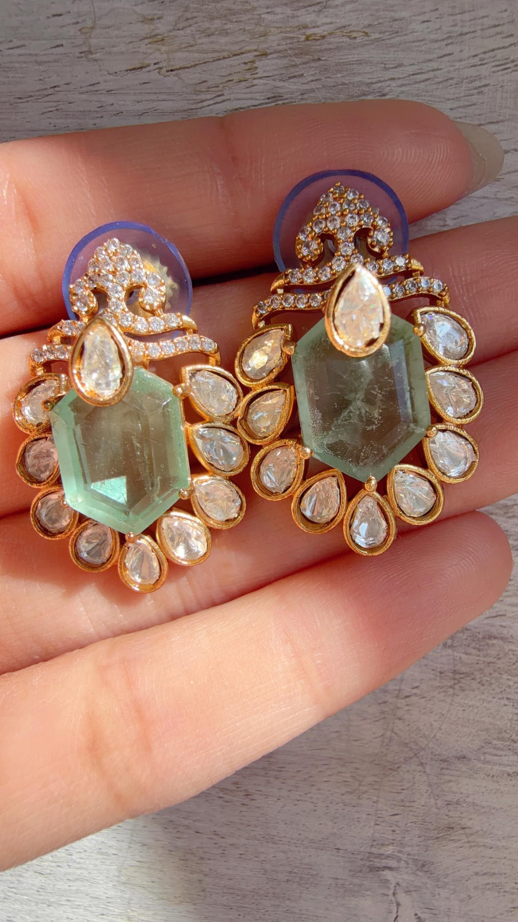 Mint Moissanite Stone Earrings/Diamond Kundan Studs /Indian Jewelry /Statement Earring - Ankita