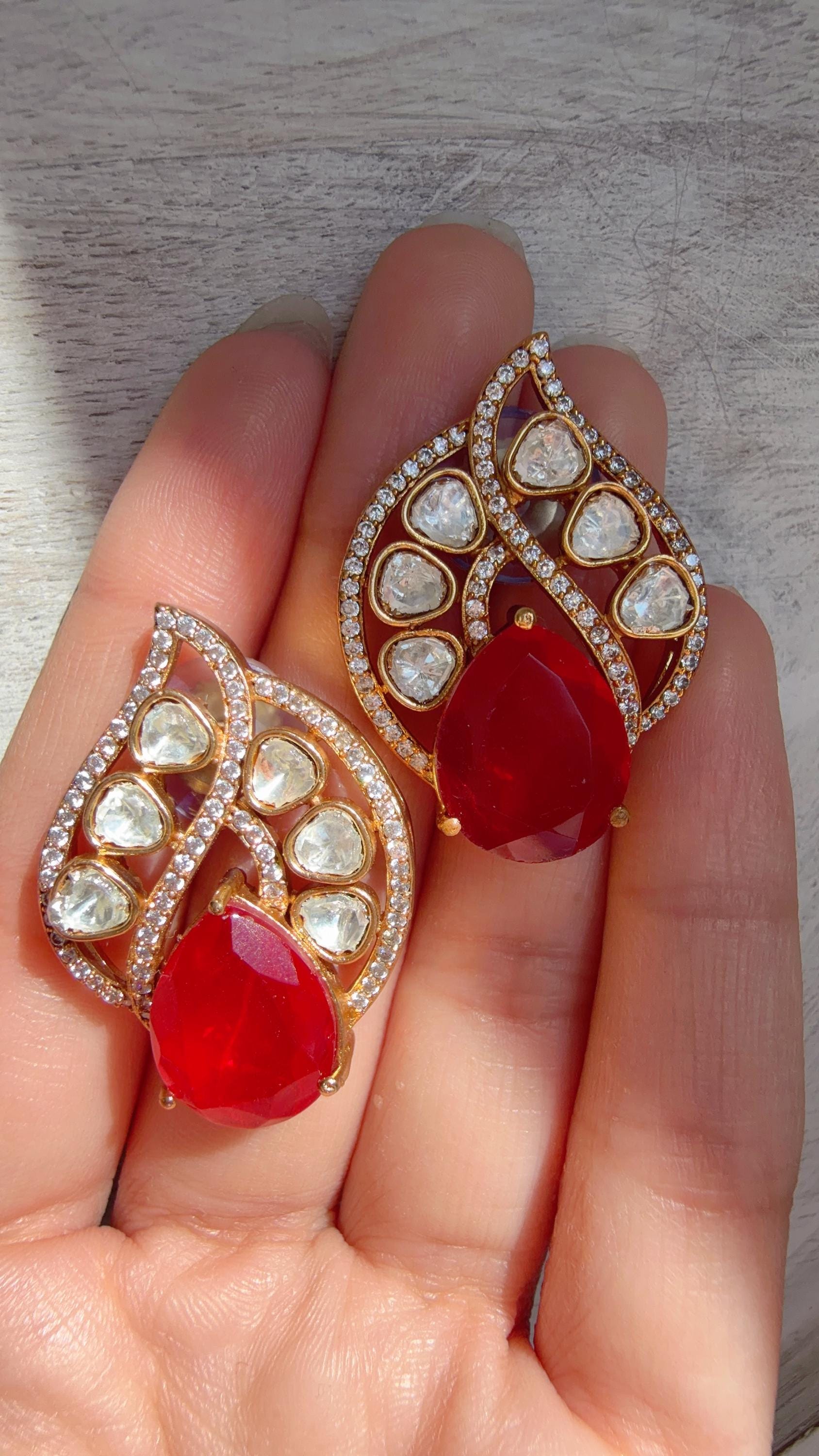 Ruby Moissanite Stone Earrings/Diamond Kundan Studs /Indian Jewelry /Statement Earring - Rani