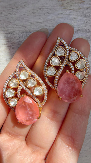 Baby Pink Moissanite Stone Earrings/Diamond Kundan Studs /Indian Jewelry /Statement Earring - Rani