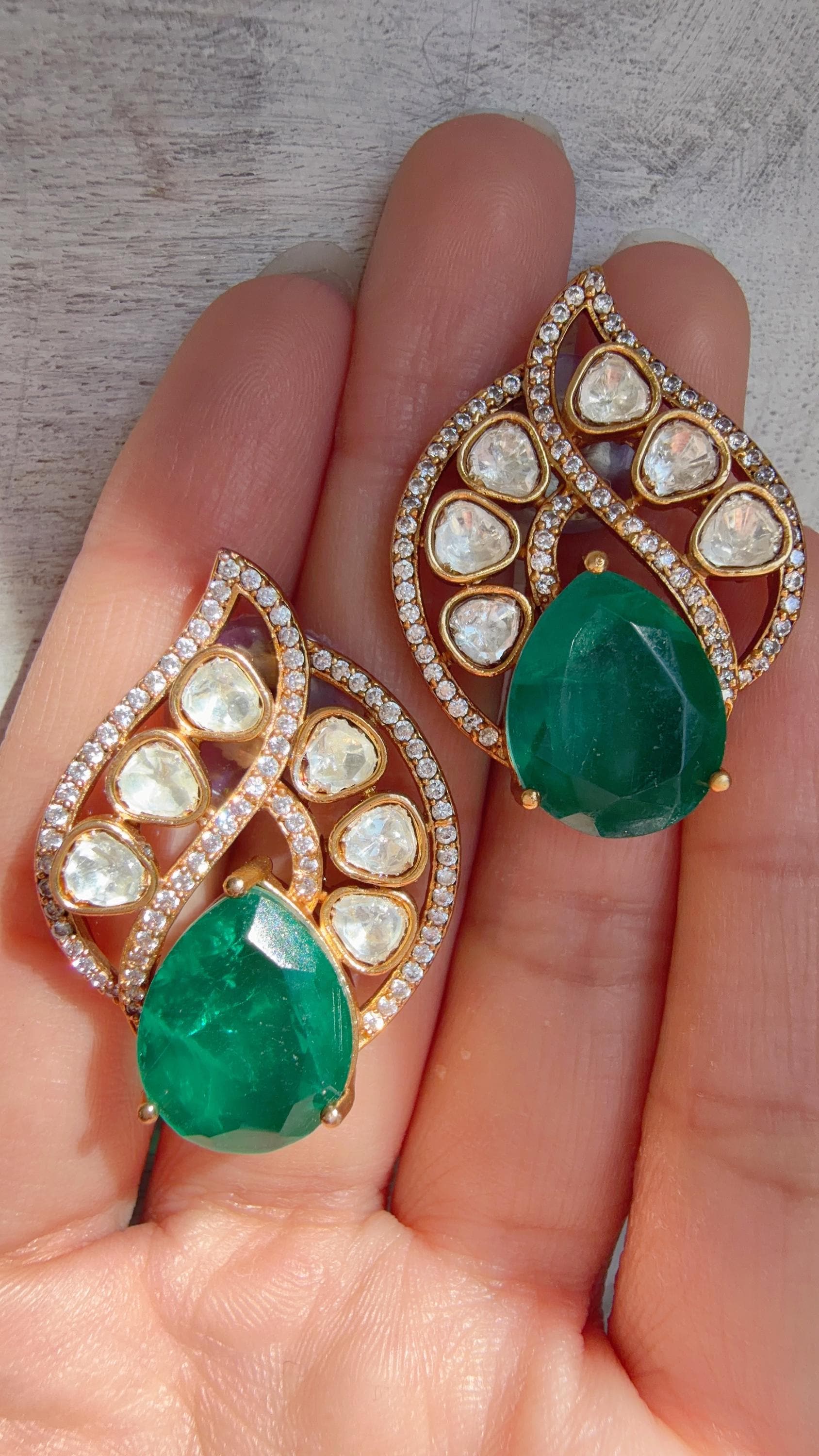 Green Moissanite Stone Earrings/Diamond Kundan Studs /Indian Jewelry /Statement Earring - Rani
