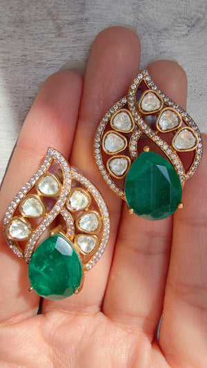 Green Moissanite Stone Earrings/Diamond Kundan Studs /Indian Jewelry /Statement Earring - Rani