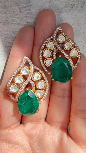 Green Moissanite Stone Earrings/Diamond Kundan Studs /Indian Jewelry /Statement Earring - Rani