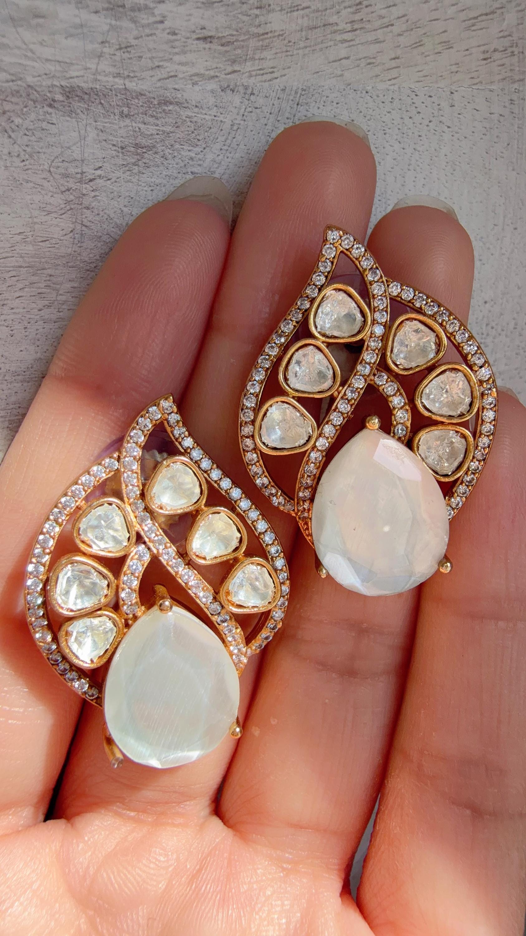 Moissanite Stone Earrings/Diamond Kundan Studs /Indian Jewelry /Statement Earring - Rani