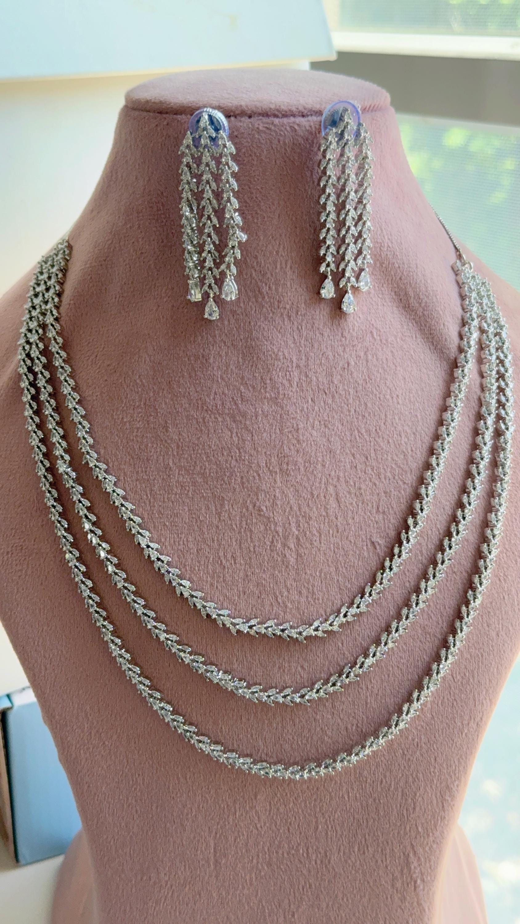 Silver triple Layer Long Diamond CZ Necklace | Elegant Multi-Layer Cubic Zirconia Necklace | Statement Party & Bridal Jewelry
