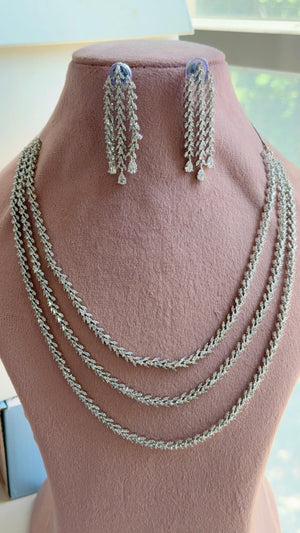 Silver triple Layer Long Diamond CZ Necklace | Elegant Multi-Layer Cubic Zirconia Necklace | Statement Party & Bridal Jewelry