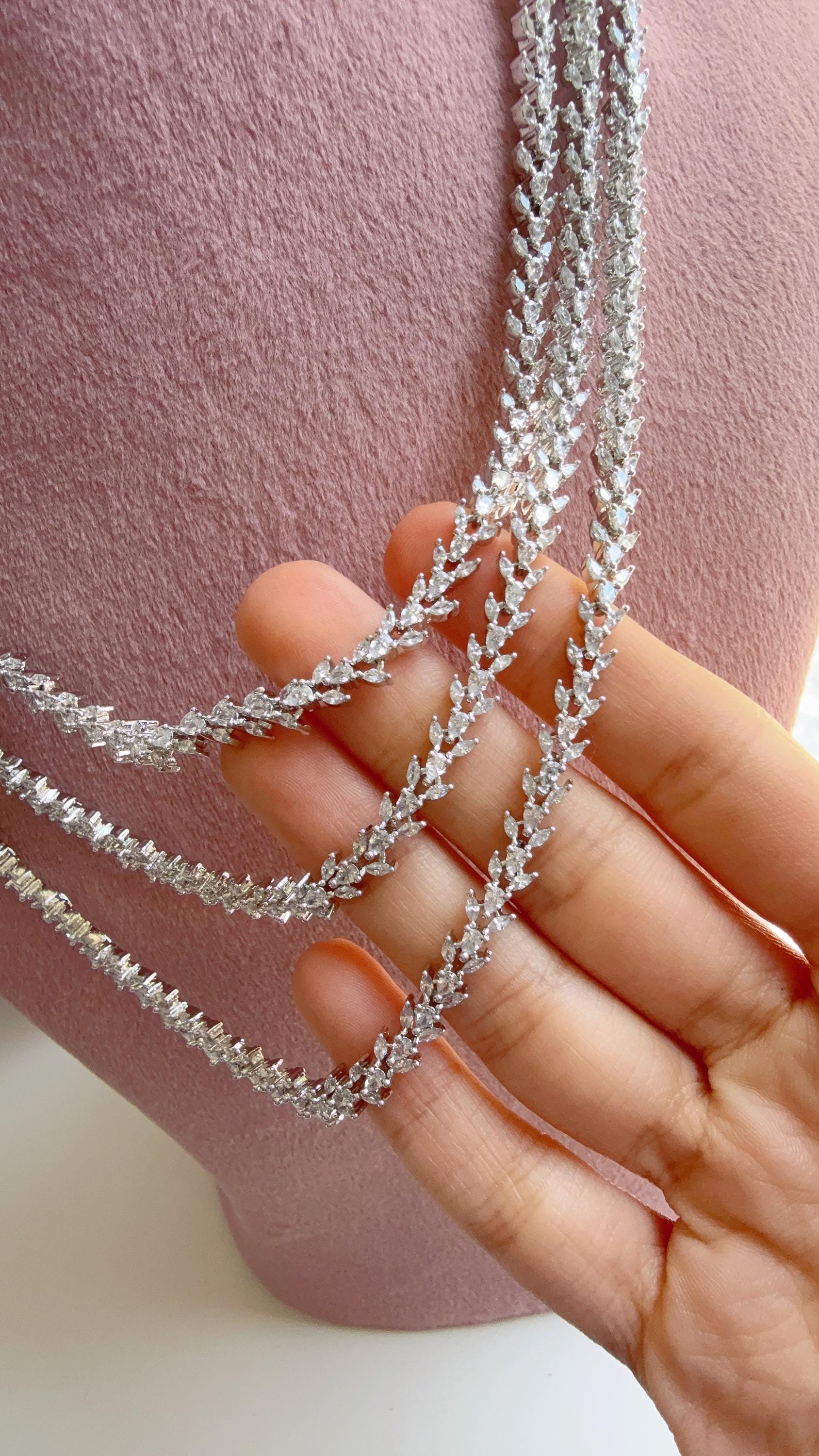 Silver triple Layer Long Diamond CZ Necklace | Elegant Multi-Layer Cubic Zirconia Necklace | Statement Party & Bridal Jewelry