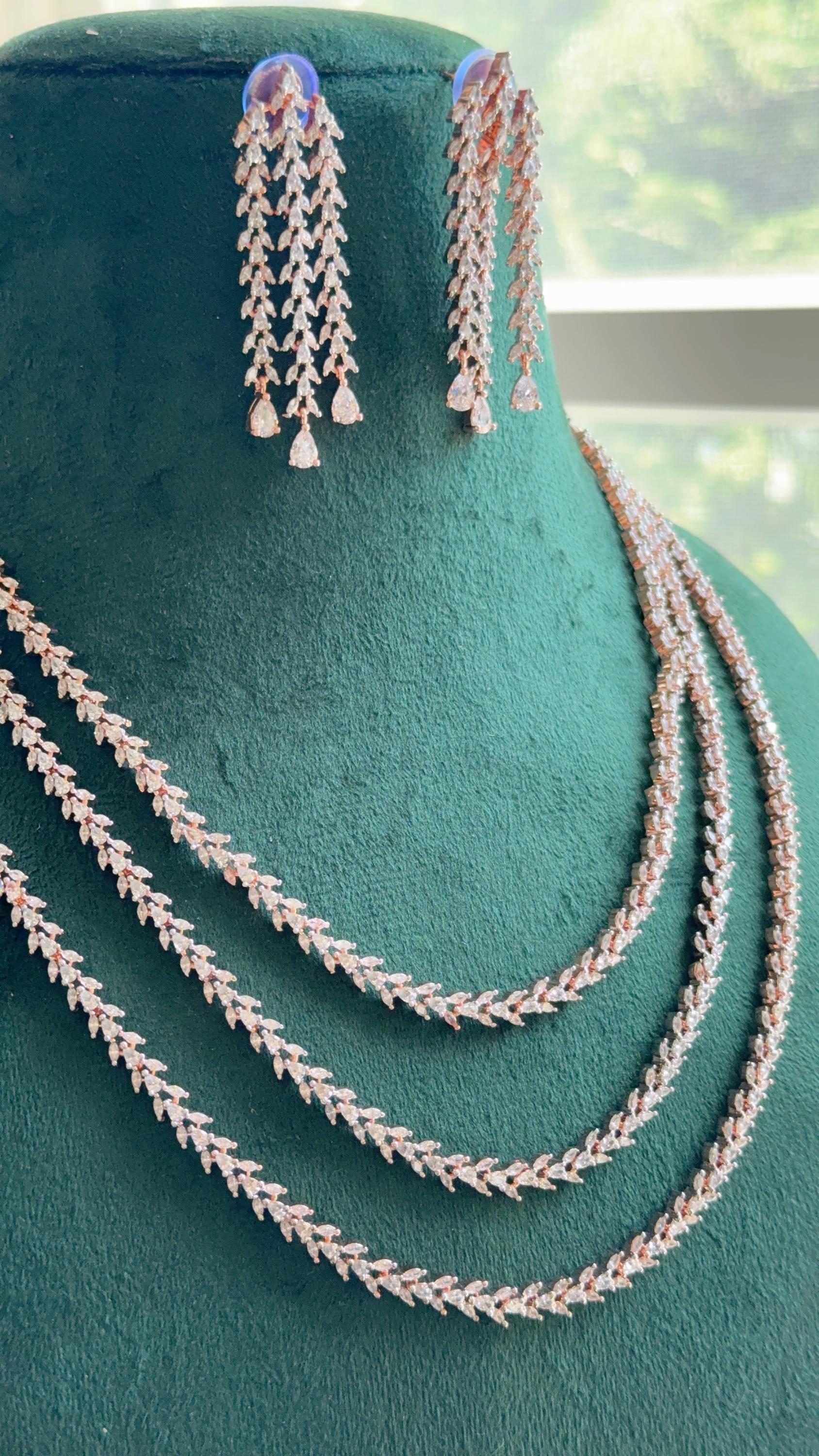 Rose Gold triple Layer Long Diamond CZ Necklace | Elegant Multi-Layer Cubic Zirconia Necklace | Statement Party & Bridal Jewelry
