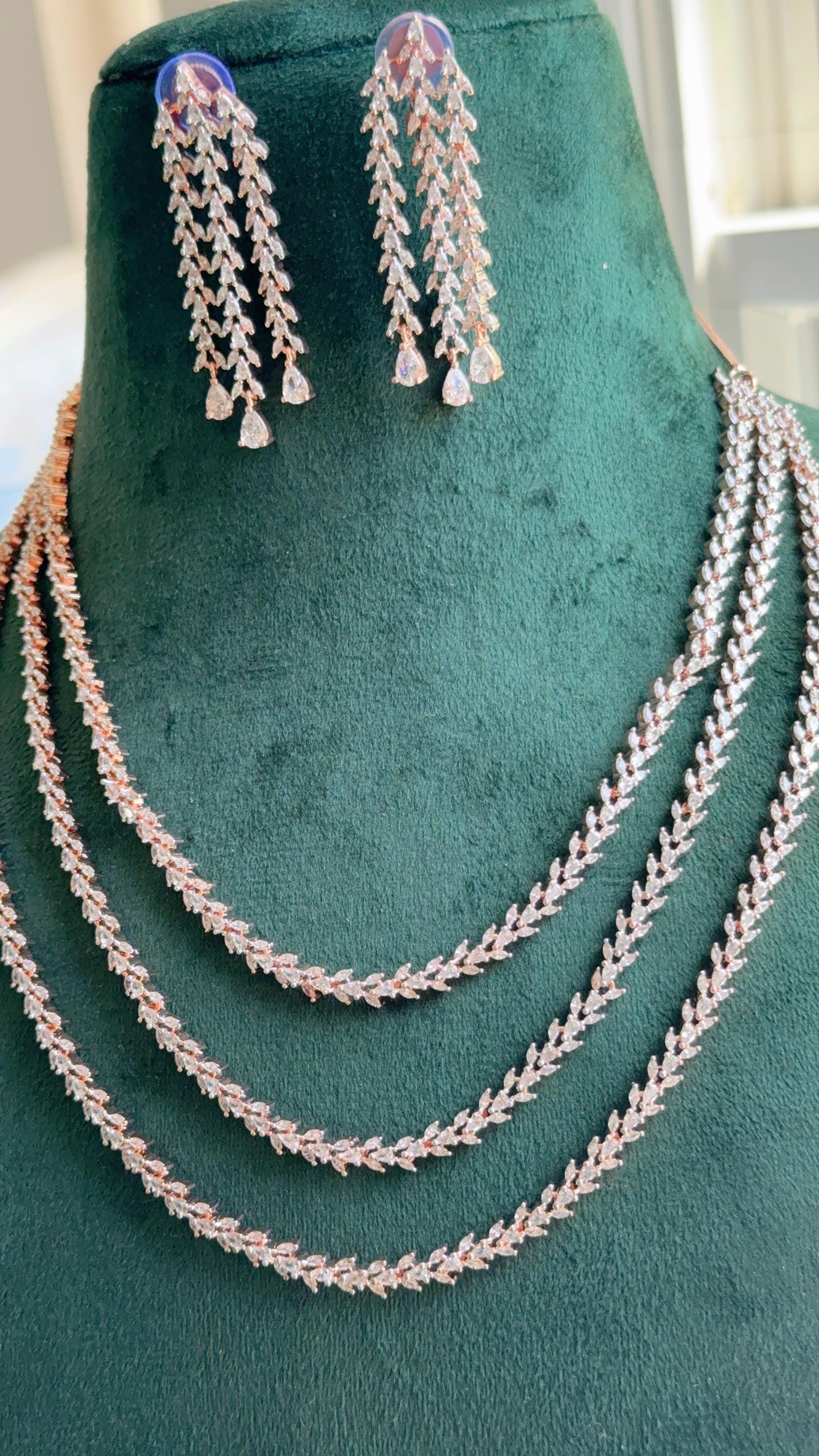 Rose Gold triple Layer Long Diamond CZ Necklace | Elegant Multi-Layer Cubic Zirconia Necklace | Statement Party & Bridal Jewelry