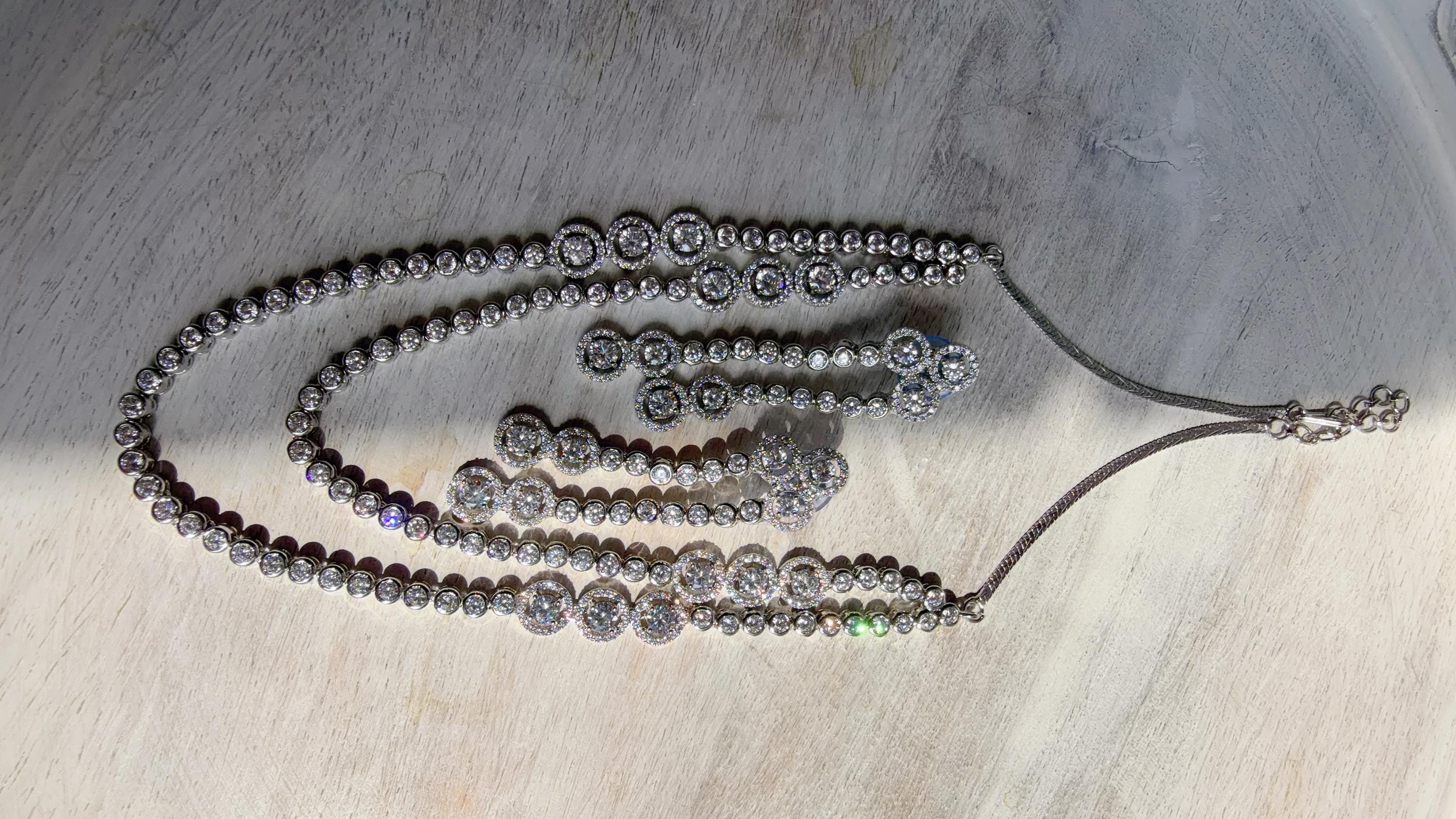 Silver Double Layer Diamond Tennis Necklace | Bridal Choker | Indian Diamond Necklace | CZ Tennis Necklace