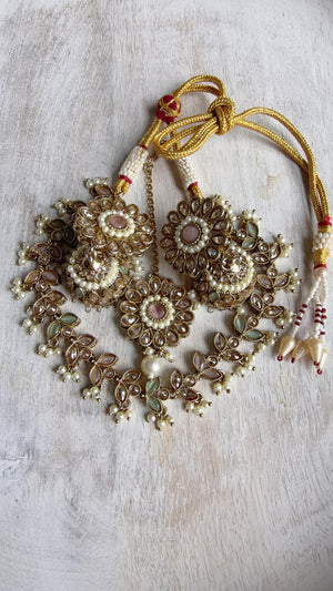 Antique Polki Kundan Mint pink Necklace Set with Earrings and Tikka | Wedding Bridal Necklace | Indian Jewelry | Bridal Jewelry | Alia 